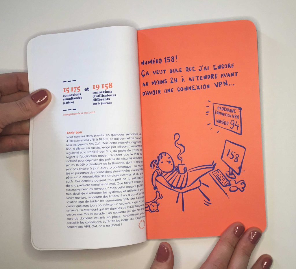 Une double-page illustrée d'un livre de la Caisse nationale d’Allocations familiales pour remercier ses collaborateurs de leur travail et de leur implication pendant la période covid