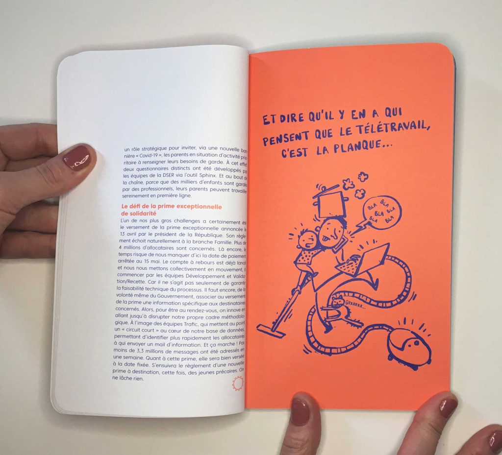 Une double-page illustrée d'un livre de la Caisse nationale d’Allocations familiales pour remercier ses collaborateurs de leur travail et de leur implication pendant la période covid