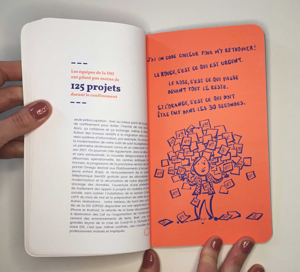 Une double-page illustrée d'un livre de la Caisse nationale d’Allocations familiales pour remercier ses collaborateurs de leur travail et de leur implication pendant la période covid