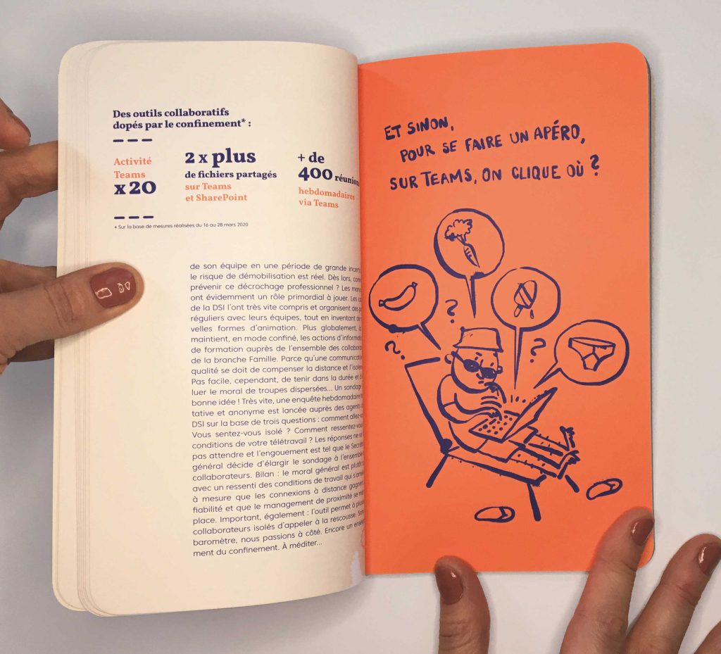 Une double-page illustrée d'un livre de la Caisse nationale d’Allocations familiales pour remercier ses collaborateurs de leur travail et de leur implication pendant la période covid