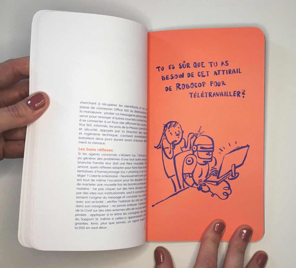 Une double-page illustrée d'un livre de la Caisse nationale d’Allocations familiales pour remercier ses collaborateurs de leur travail et de leur implication pendant la période covid