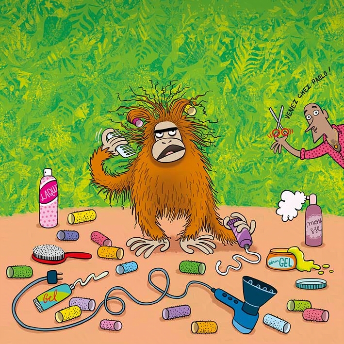 Un orang-outan frustré est debout parmi des bigoudis colorés, une brosse, du gel, de la mousse à cheveux, de la laque et un sèche-cheveux. Un styliste agite des ciseaux à côté. An orangutan is standing among colorful curlers, a brush, gel, hair mousse, hairspray and a hairdryer.